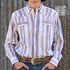 View of Rodeo Blanket pink and light grey striped Western snap shirt with mesh back vent and chest pockets