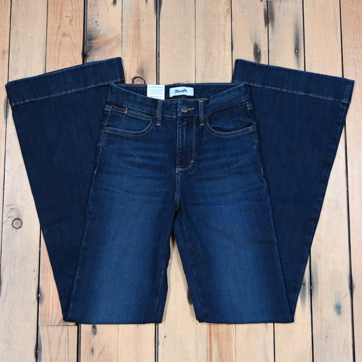 Wrangler Bespoke High Rise Trouser Jean in Alexandra dark blue stretch denim with high-rise and trouser leg silhouette