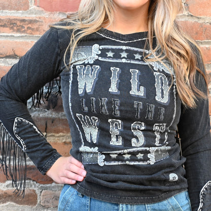 View of Double D Ranch Wild Like the West Tee featuring bold graphic and fringe detailing on long sleeves