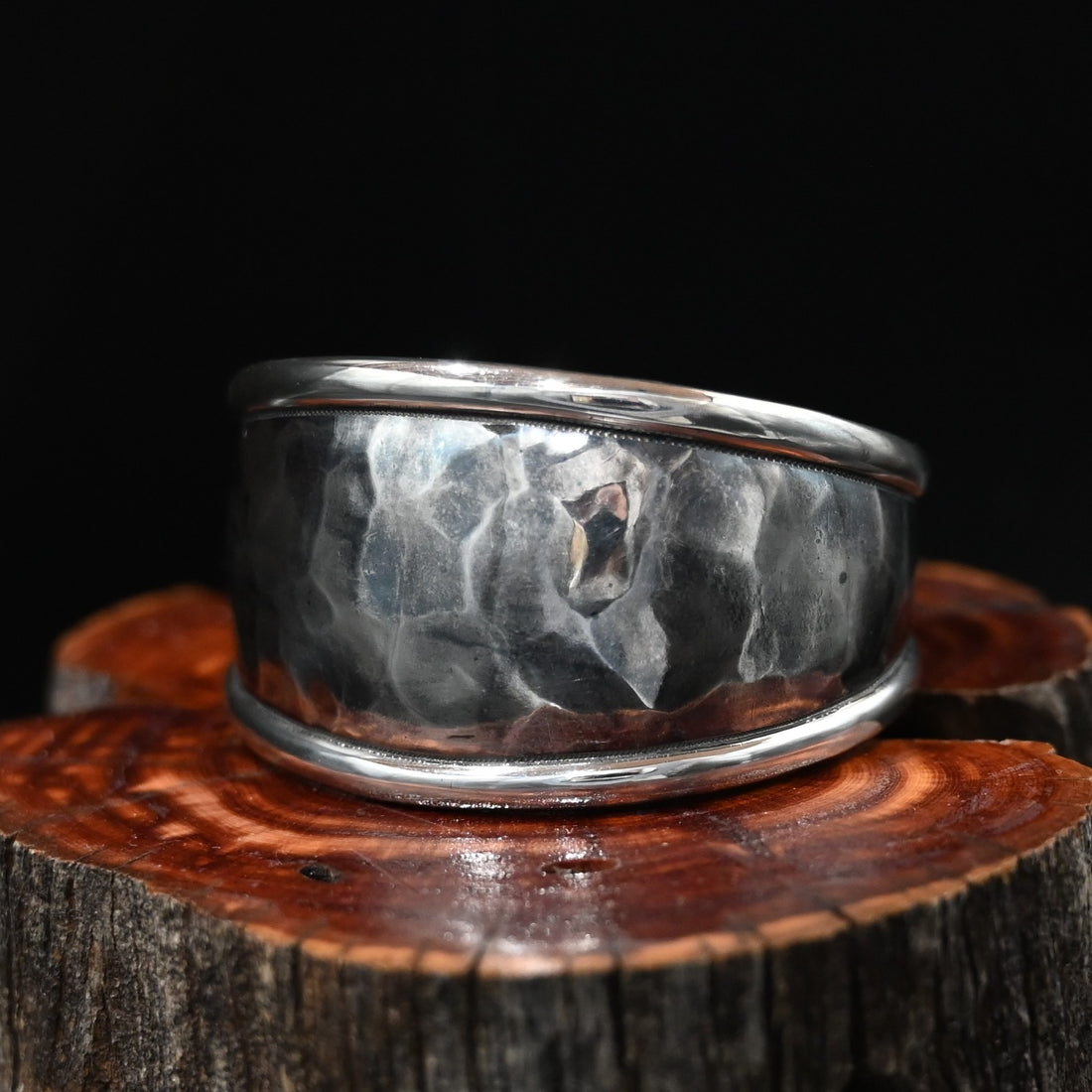 Vogt Silversmiths Kacey Cuff — hammered sterling silver bracelet with smooth polished borders