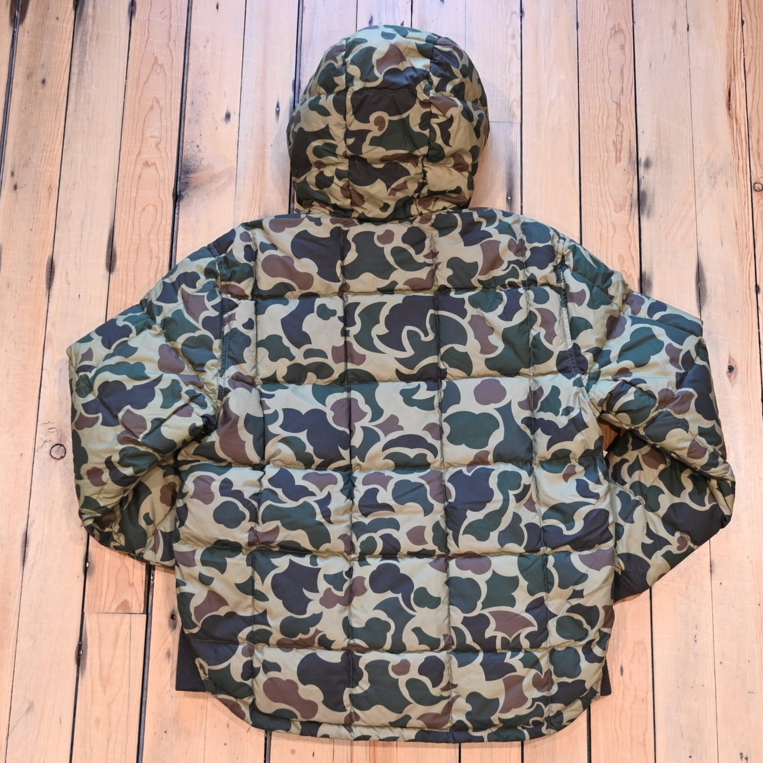 Filson Waxed Down Jacket in Tundra Shrub Camo with hood, waxed shell, and insulated down fill