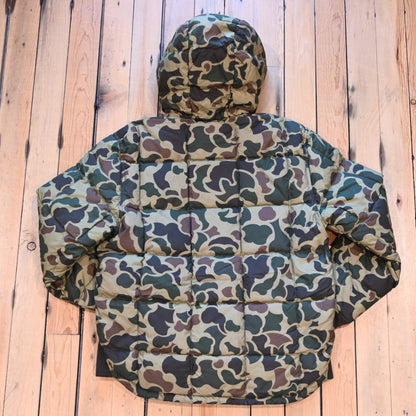 Filson Waxed Down Jacket in Tundra Shrub Camo with hood, waxed shell, and insulated down fill