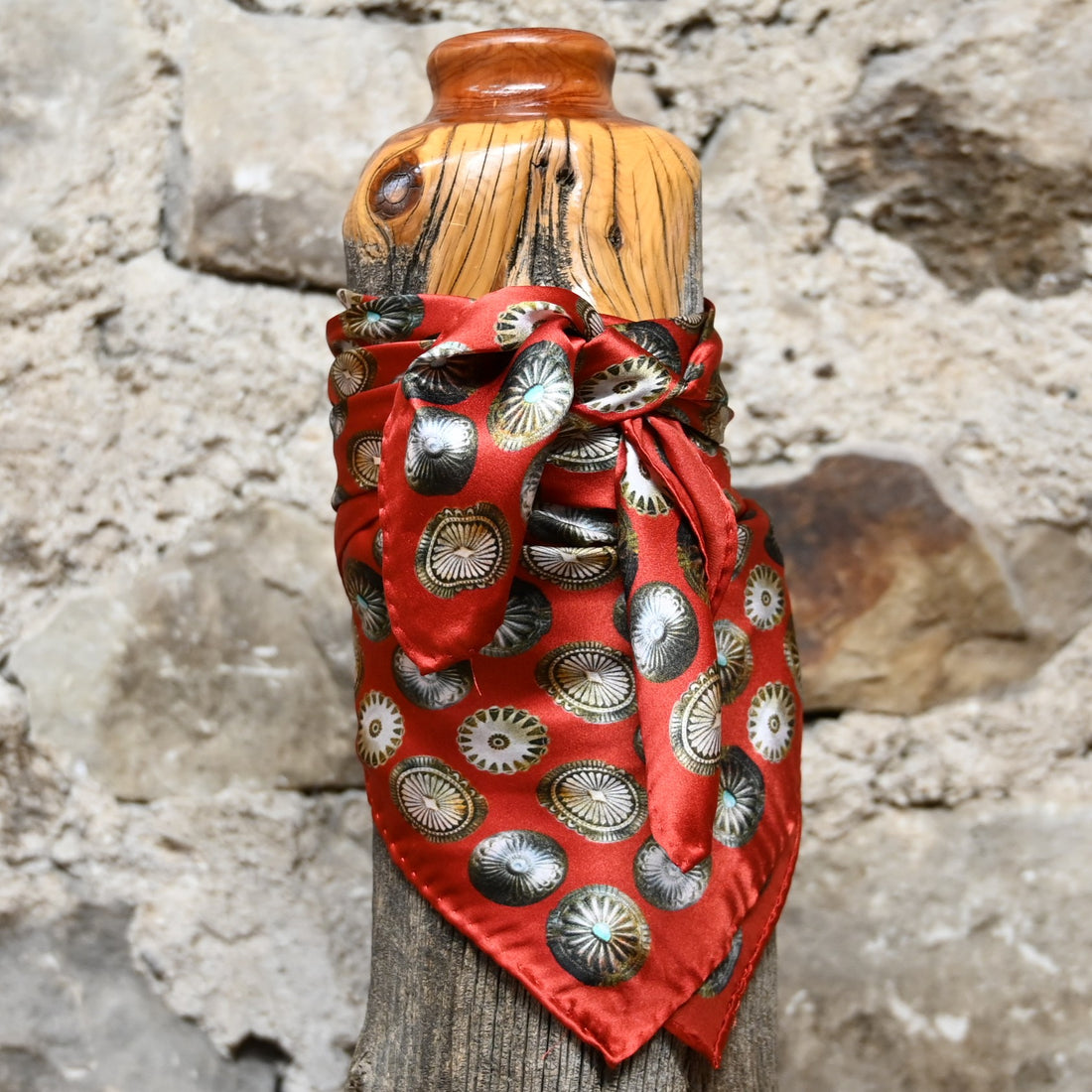 Fringe Scarves red silk baby concho wild rag 26x26 with silver and turquoise details