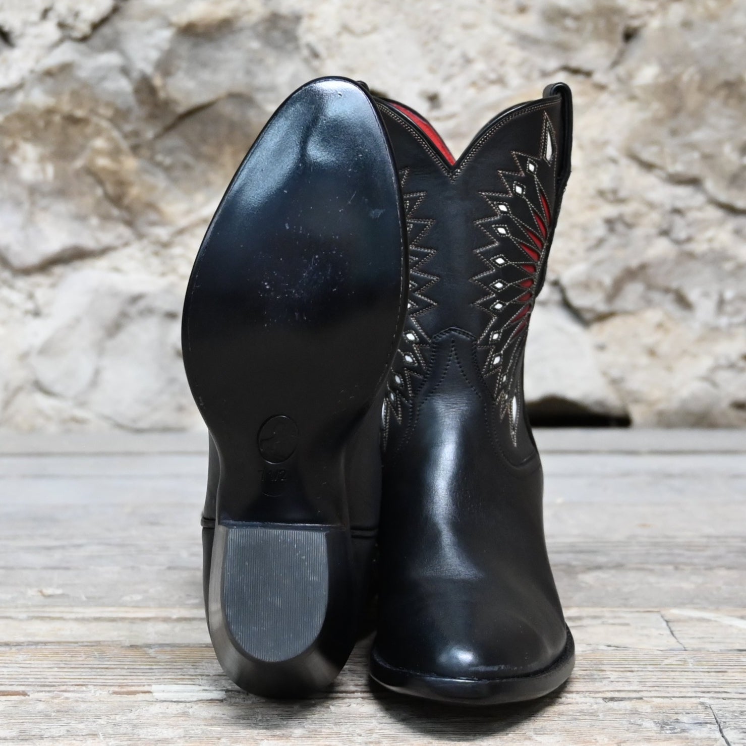 View of Stallion Ladies 9&quot; Peewee boot in black calf with moonburst inlay and 2&quot; heel