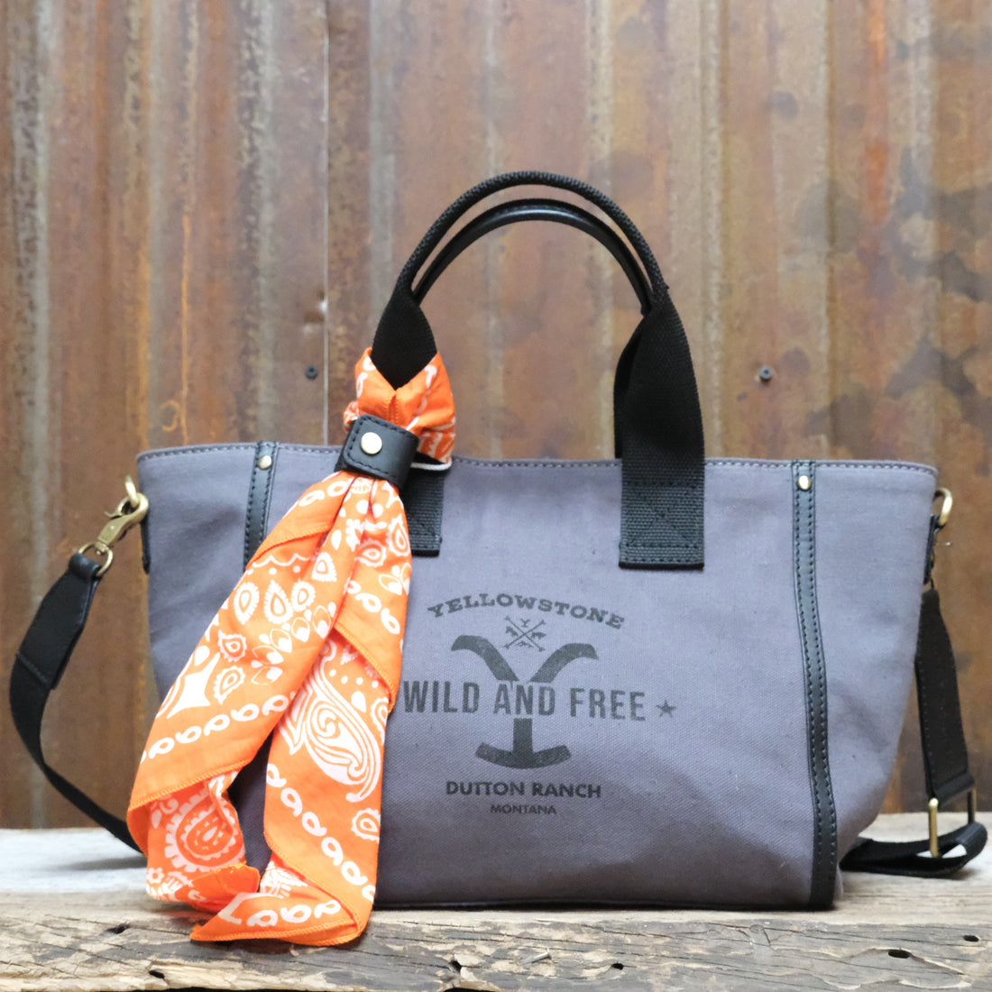 Myra Yellowstone Echo Valley Ash printed canvas crossbody bag with leather trim and matching scarf