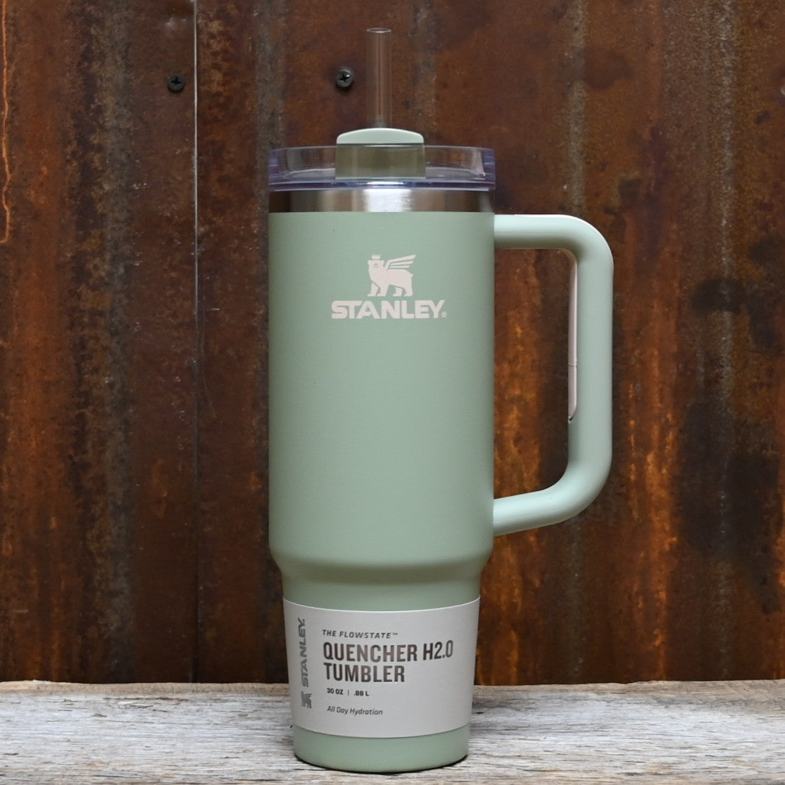 Stanley 30oz Quencher 2.0 FlowState tumbler in Lichen green with handle and straw.