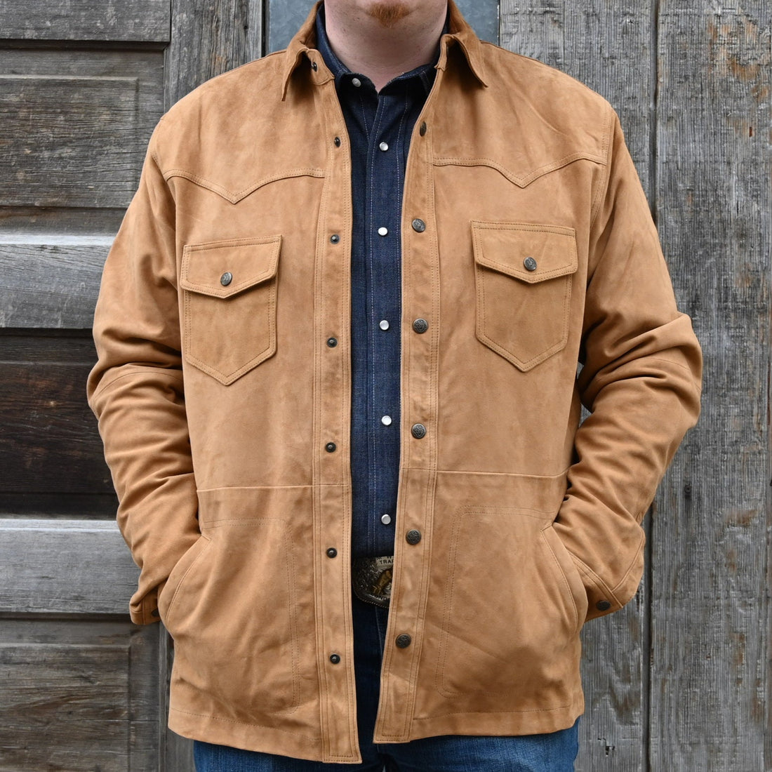 View of Schaefer tan goat suede overshirt with snap front, chest pockets, and hand-warmer pockets