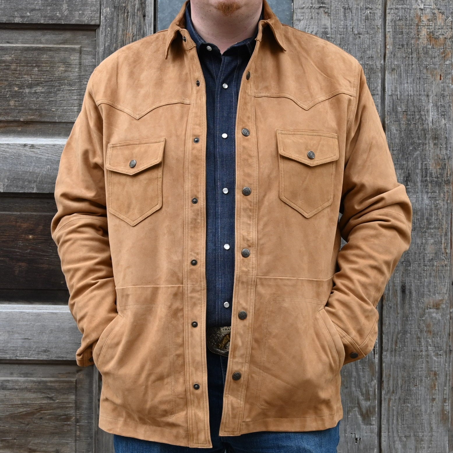 View of Schaefer tan goat suede overshirt with snap front, chest pockets, and hand-warmer pockets