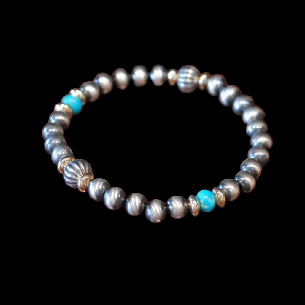 Sunwest Silver Navajo Pearl Turquoise and Gold Stretch Bead Bracelet