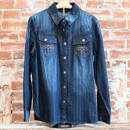 View of Double D Ranch Gunslinger Workshirt – Pinstriped denim shirt with custom concho buttons and detailed embroidery for a Western-inspired design