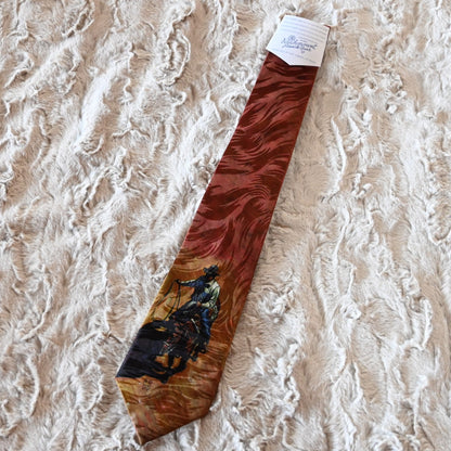 View of Silk necktie with cowboy on horseback roping, artwork by Howard Post