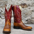 View of Hondo 13" cowboy boot with red volcano top, rust oil tan vamp, wide square toe, and spur ledge