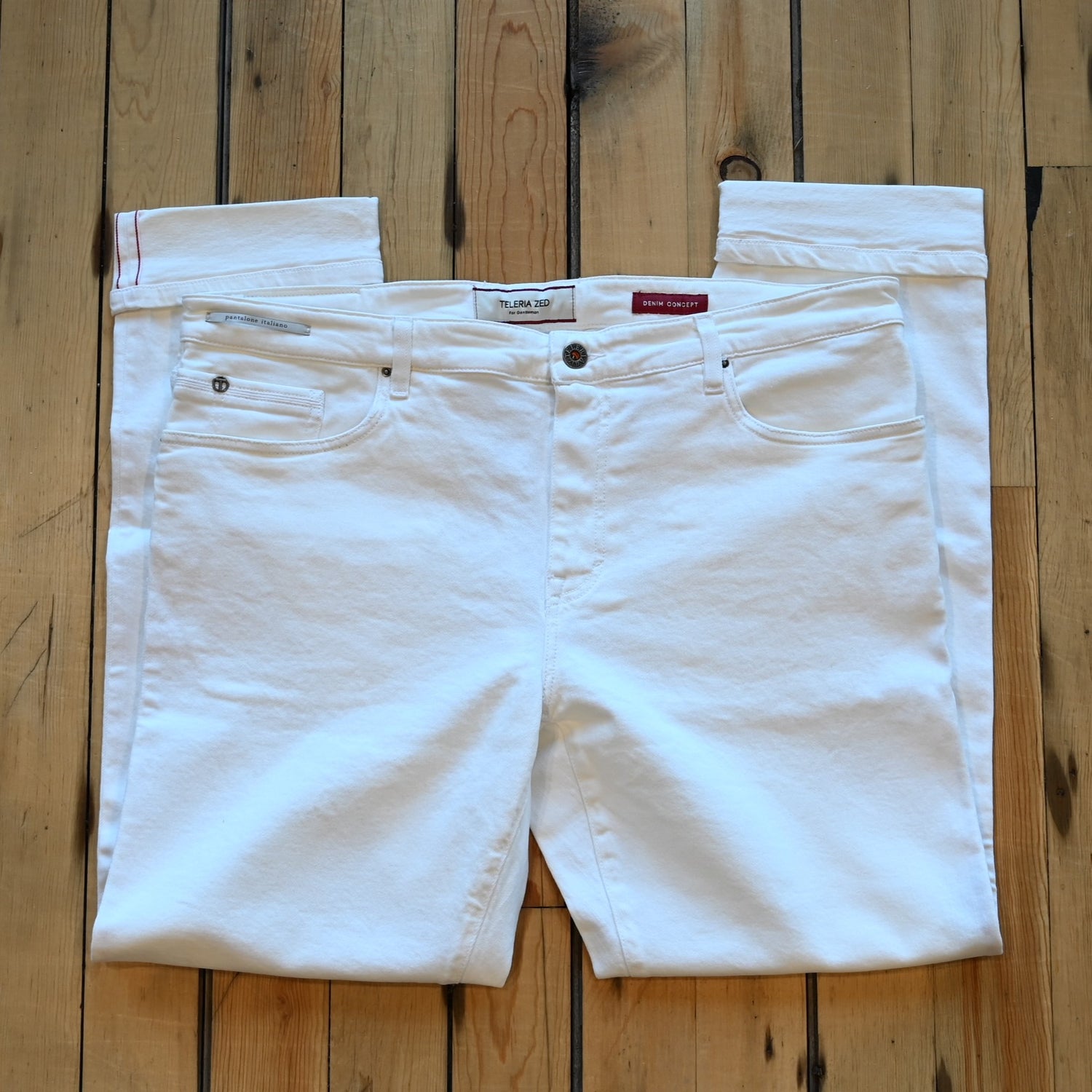 Teleria Zed 5 Pocket Jean in Blanco soft Italian white denim with modern five-pocket design