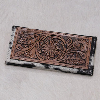 American Darling tooled leather checkbook wallet with hair-on hide and snap closure