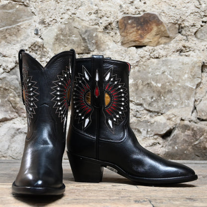 View of Stallion Ladies 9&quot; peewee boot with moonburst inlay, narrow round toe, and 2&quot; heel