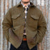 View of Filson CCC Jacquard Wool Jac-Shirt in Olive Brown Multi featuring large CCC emblem and natural horn buttons