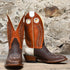 View of Hondo 12" bronc boot with mango volcano top, tobacco oiled bullhide vamp, and spur ledge