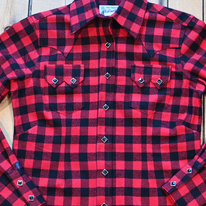 View of Ladies plush red and black buffalo check flannel Western shirt with sawtooth pockets and diamond snaps