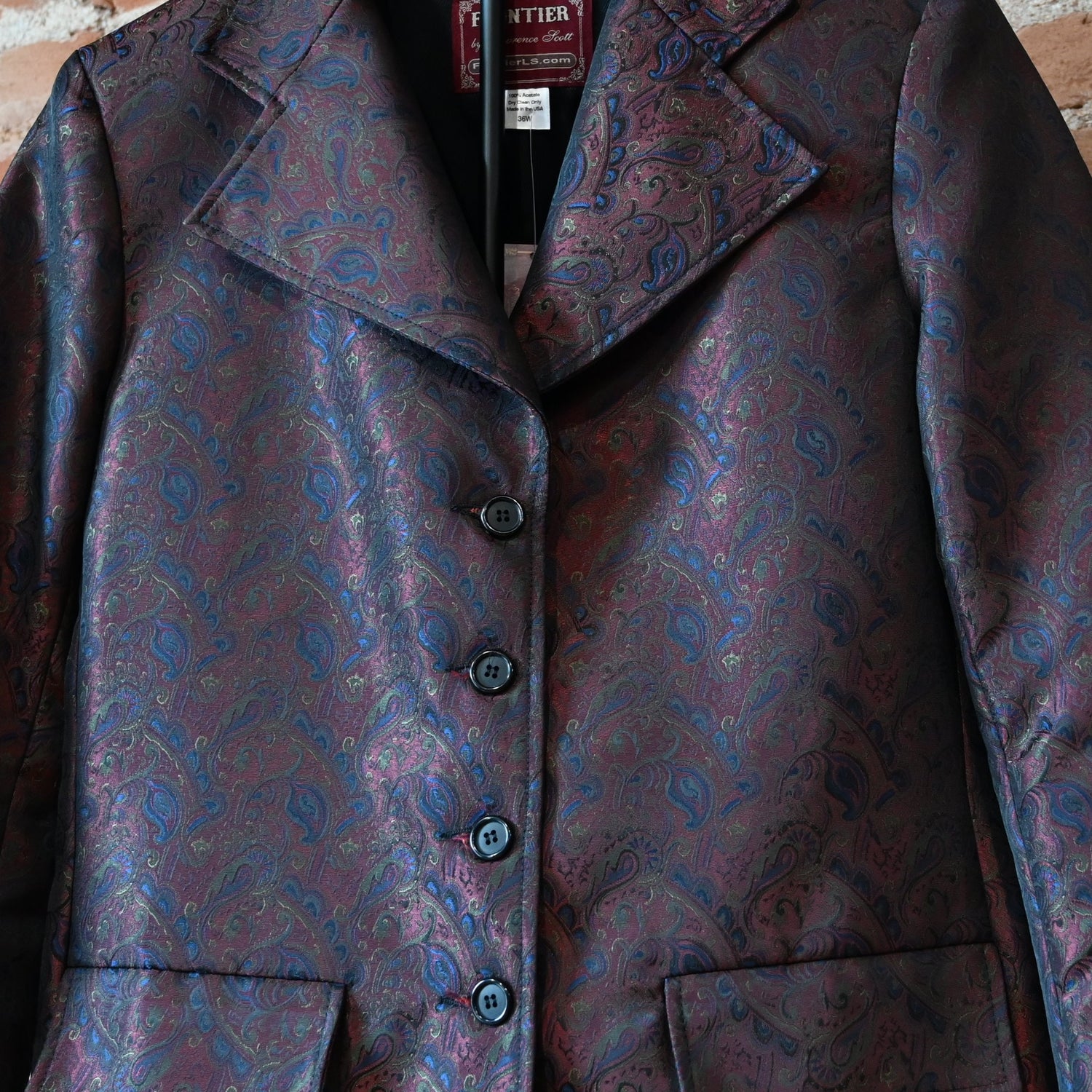 Frontier ladies rust blue green brocade frock coat with tailored bodice and mid-length skirt