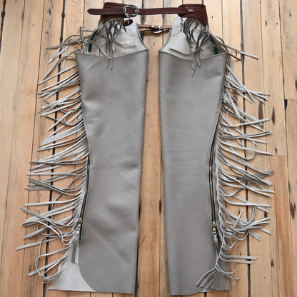 View of K Bar J Borderline Versatility Chap in Medium with fringe and leather border