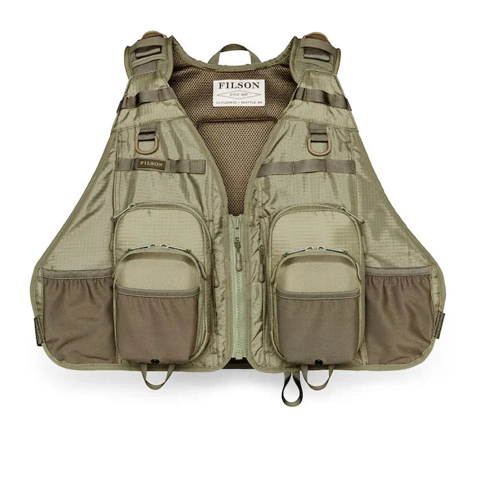 Filson vintage olive fishing guide vest with fly-box pockets, rod loops and adjustable straps