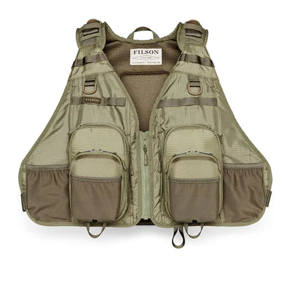 Filson vintage olive fishing guide vest with fly-box pockets, rod loops and adjustable straps