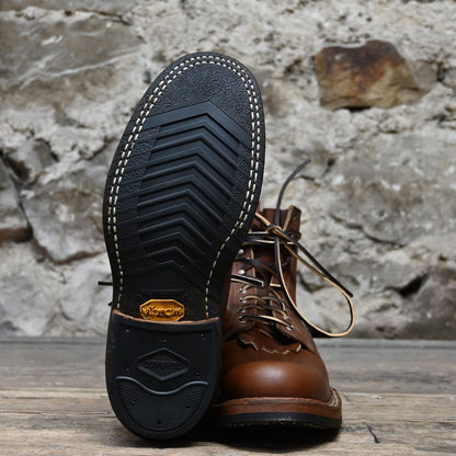 View of White’s 6″ 350 Cruiser logger boot with Vibram sole and hand-welted leather upper