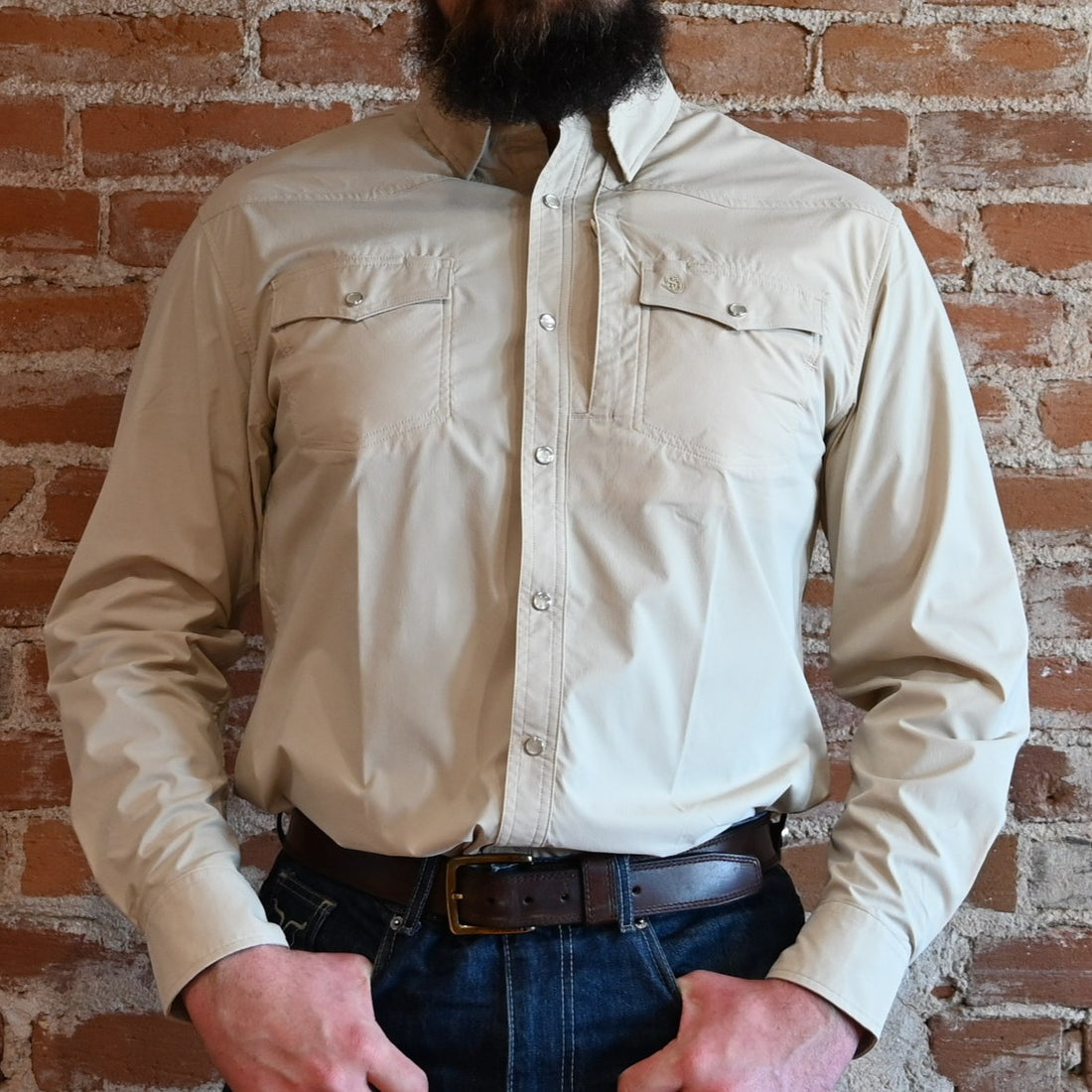 View of Schaefer khaki RangeTek Western snap shirt with mesh back vent and fleece-lined chest pockets