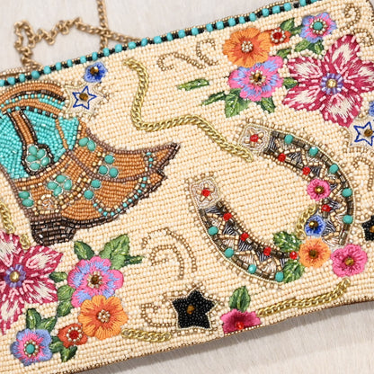 Mary Frances on the range mini crossbody handbag beaded boot and horseshoe motif