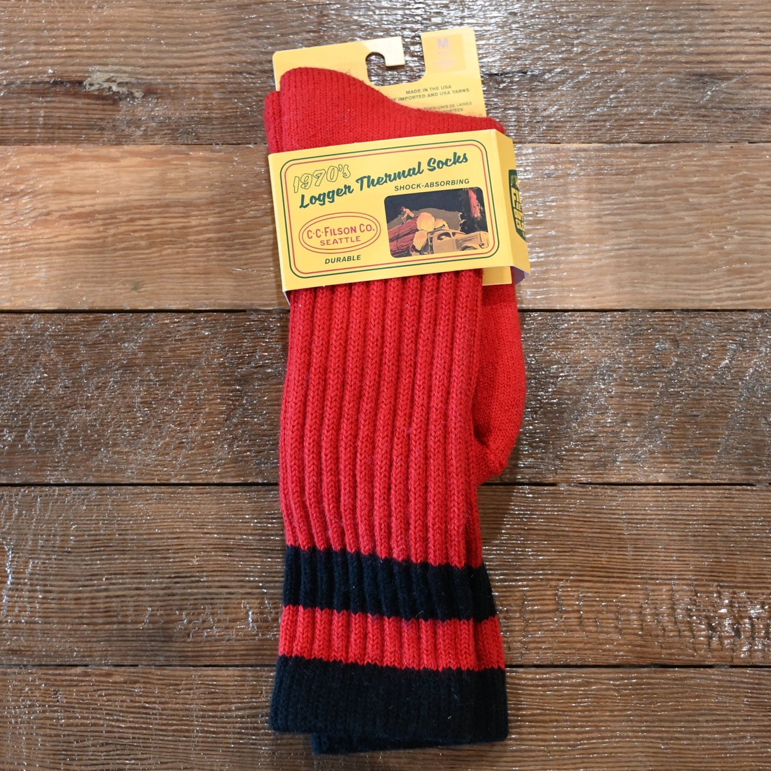 Filson 1970s Logger thermal socks in scarlet red, thick wool knit with ribbing