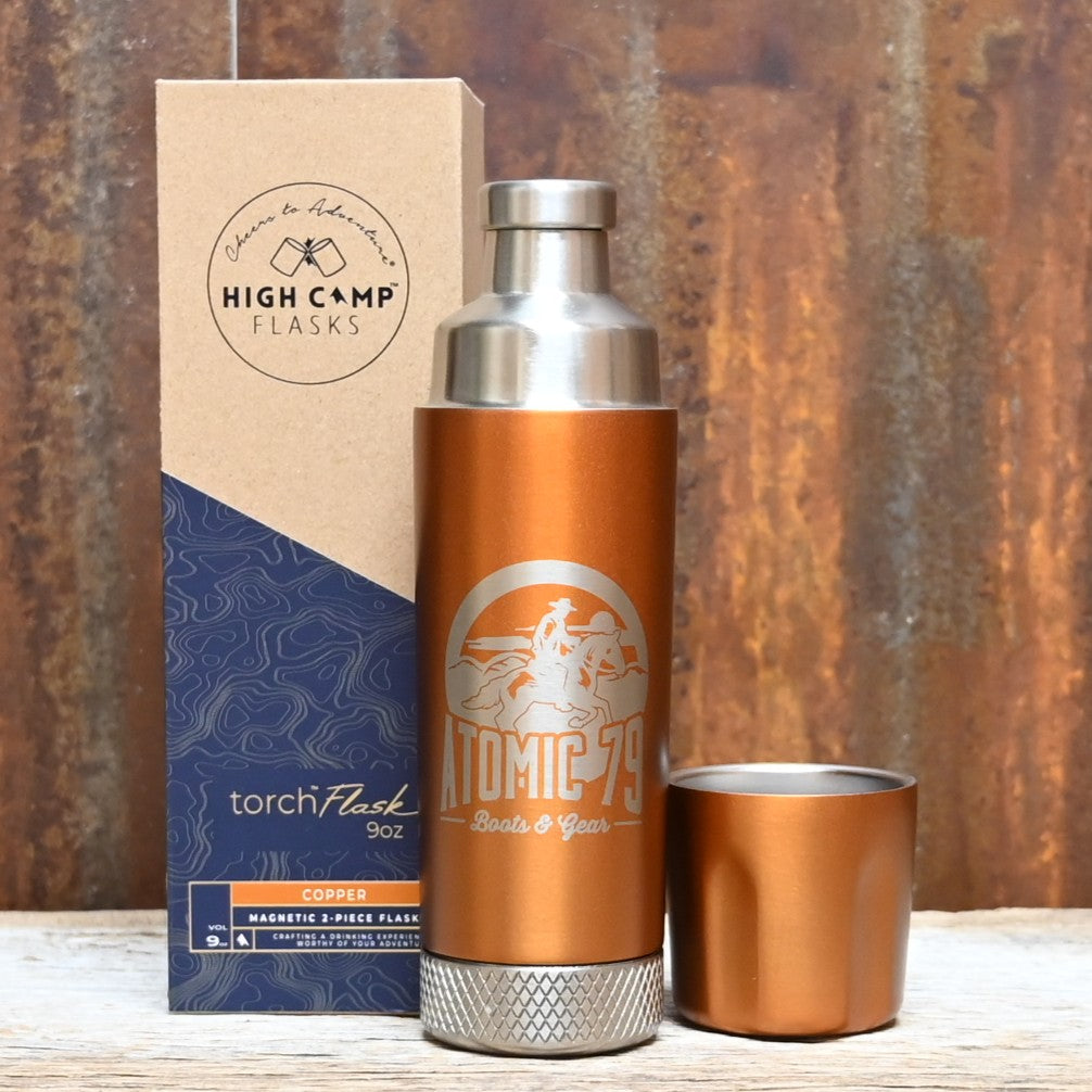 High Camp Torch Flask Copper Edition 9oz with Atomic 79 logo and magnetic tumbler.