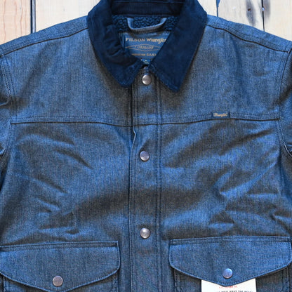 Filson × Wrangler black denim work jacket, sherpa lined with snap front and corduroy collar