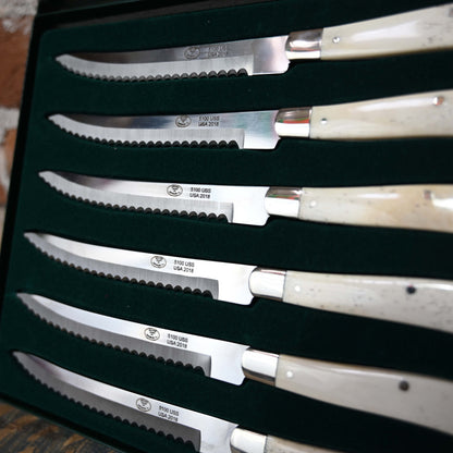 Moore Maker set of 6 white bone steak knives with serrated stainless blades, full tang, USA made