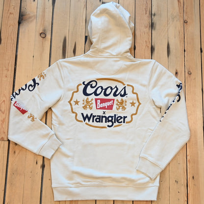 Wrangler × Coors graphic hoodie in antique white with logos down sleeves