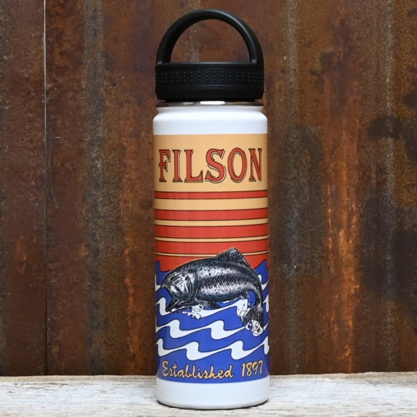 View of Filson White Dusk Fish Metal Water Bottle featuring a stainless steel body and custom fish graphic