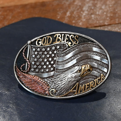Nocona oval American flag and eagle buckle with bronze and gold accents