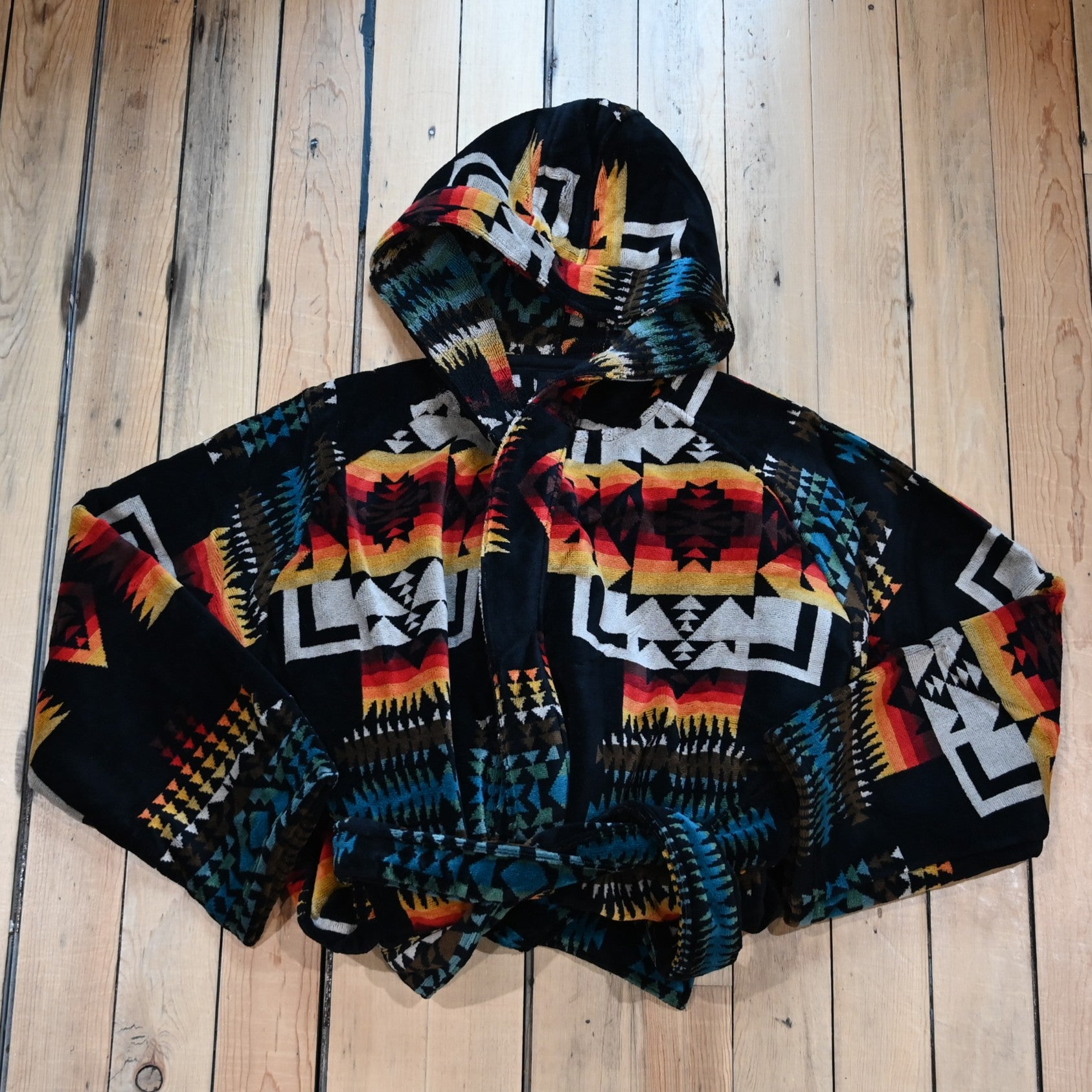 View of Pendleton unisex cotton terry velour robe in assorted patterns with hood and pockets