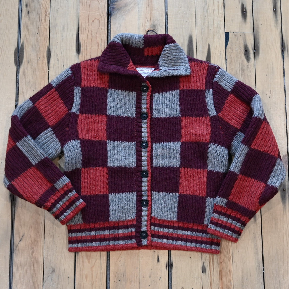 Filson ladies checkered wool cardigan in burgundy and gray check pattern