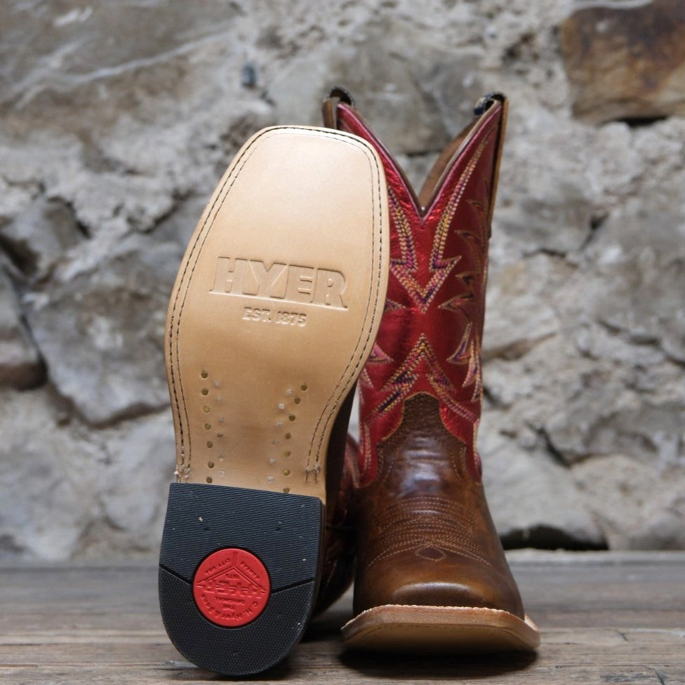 Hyer Boots Little River in Brown and Red with a broad square toe.