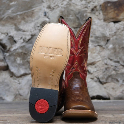 Hyer Boots Little River in Brown and Red with a broad square toe.