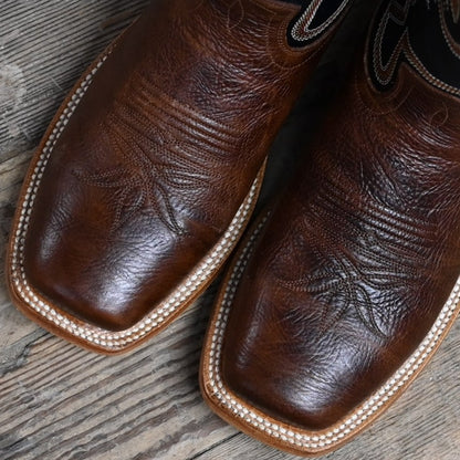 Hyer SAWYER 13-inch black vintage top boot with brown oiled shrunken shoulder vamp and square toe.