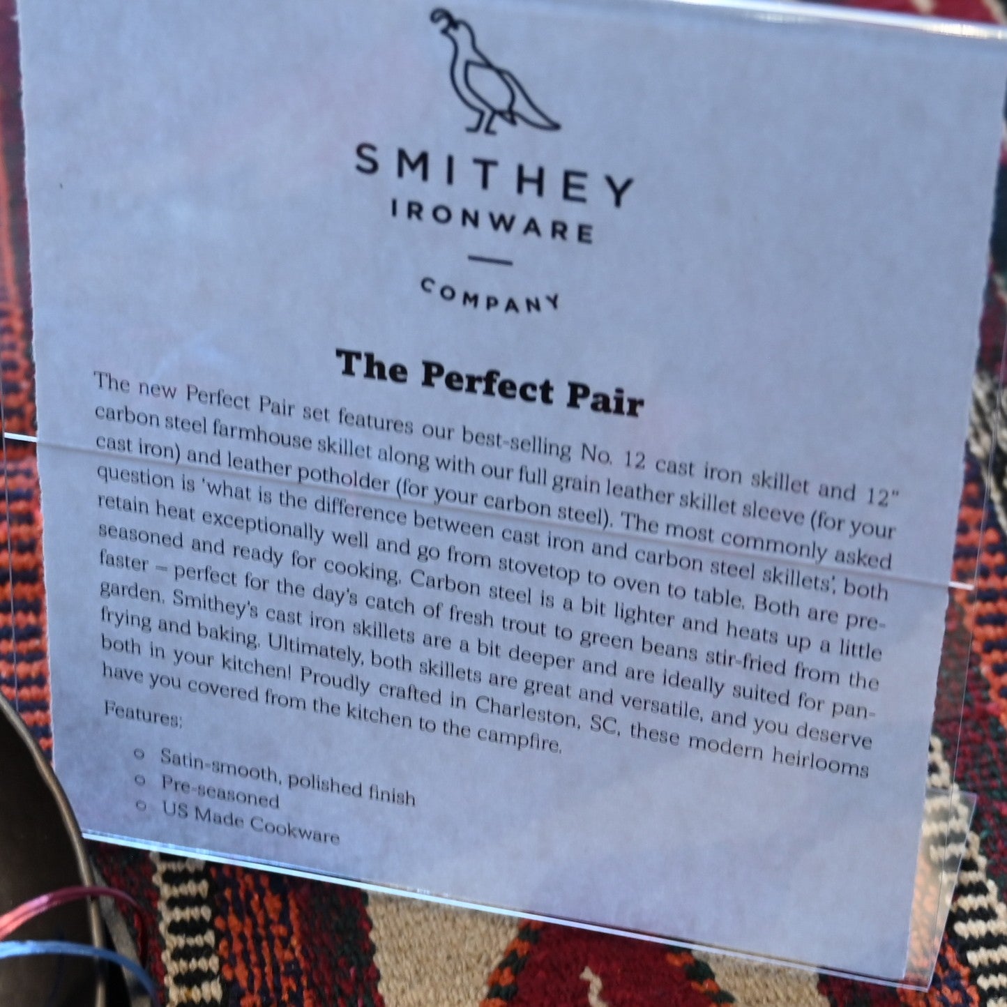 View of Smithey Ironware Perfect Pair Set: No. 12 Cast Iron Skillet and 12&quot; Carbon Steel Farmhouse Skillet with full grain leather sleeve and potholder