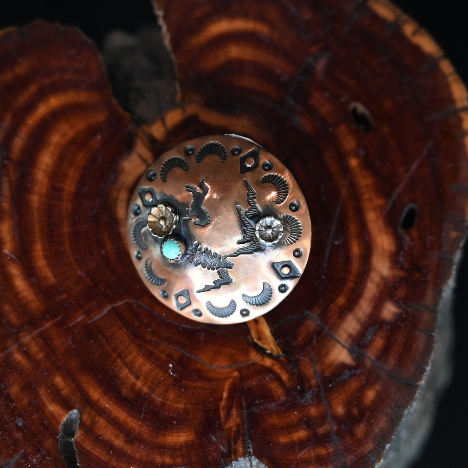 Calico Rose Rocky Roan copper ponytail cuff with turquoise stone, handmade in Montana