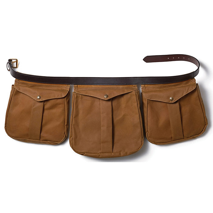 Filson dark tan tin cloth shooting bag with bridle leather belt and shell pockets