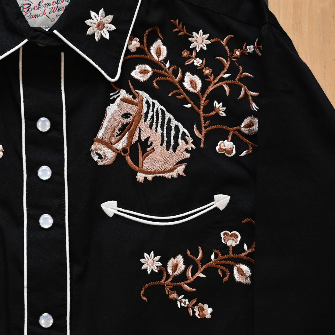 Rockmount ladies black Western shirt with horse embroidery and snap buttons