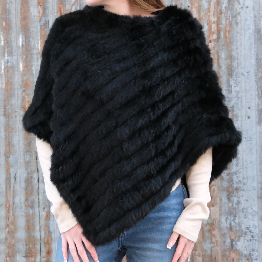 Morris Kaye black knit rabbit fur poncho