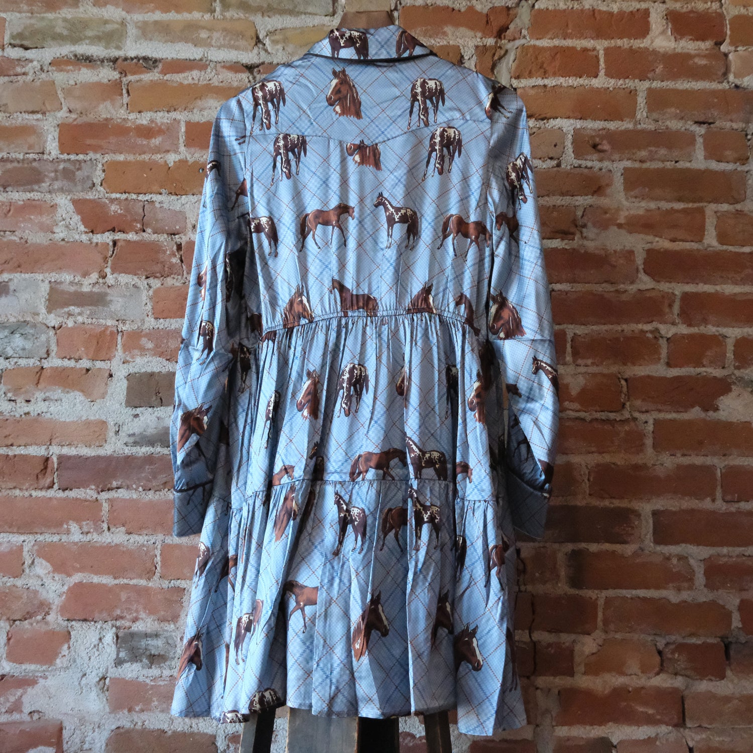 Double D Ranch Nu Rodeo silk dress with custom horse print and tiered skirt