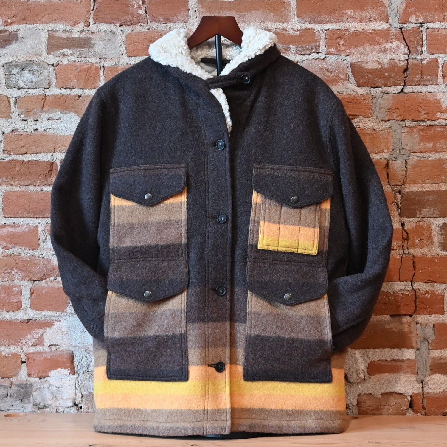 Filson Ladies Kodiak Shawl Collar Coat in Brown and Yellow Stripe with fleece-lined collar and cargo pockets