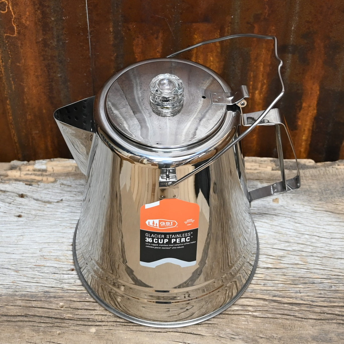 GSI Glacier Stainless Coffee Percolator 36 cup with hinged lid and clear PercView knob