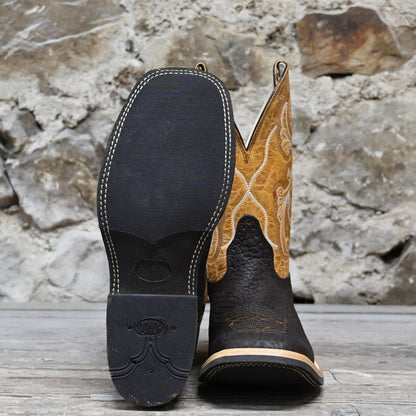 View of Hondo 13&quot; cowboy boot with oryx crater top, sand nubuck bullhide vamp, and wide square toe